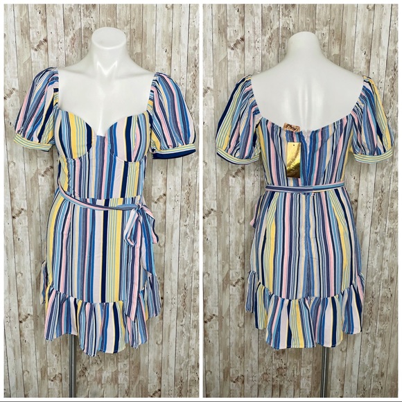 Shop 17 Wrap Tie Waist Dress Striped Ruffled Colorful Mini Summer Dress Size L - Picture 2 of 11